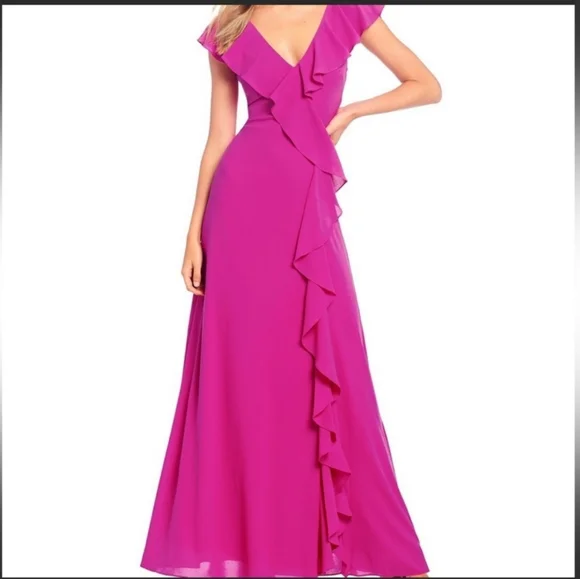 Badgley Mischka Pink Fuchsia V-Neck Ruffles Chiffon Formal Gown Size 2 - Picture 1 of 4